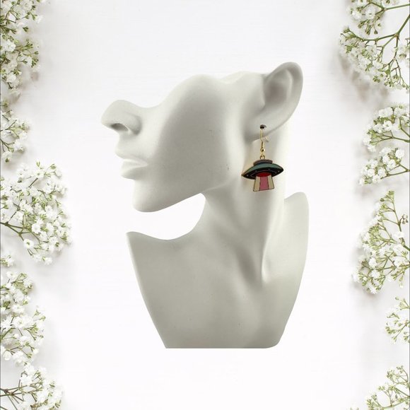 UFO Enamel Earrings Gold Plated Fish Hook Ear Wires Spaceship Earrings - Picture 7 of 10